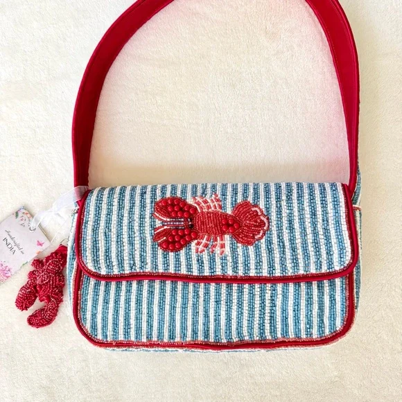 Viral Beaded Light Blue & White Striped Lobster Bag w/ Beaded Lobster Bag Charm - Picture 2 of 15